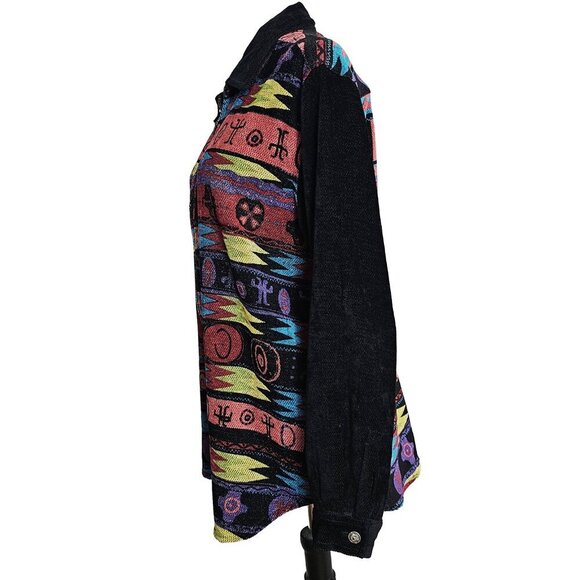 Vintage Chico's Design Size 1 Black and Tribal Eclectic Print Chenille Zip Up - Picture 2 of 5